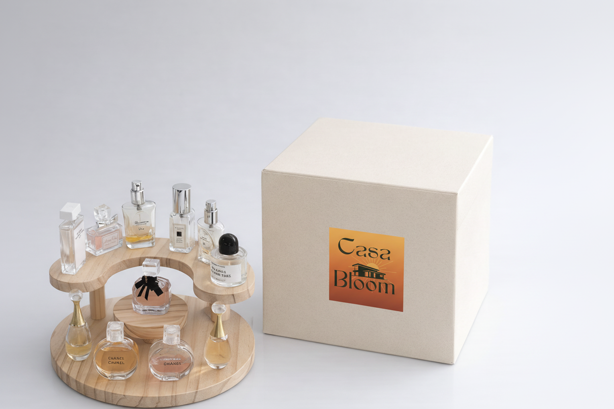 Casa Bloom logo on perfume stand packaging box